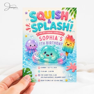 Peut inclure: Une carte d'invitation d'anniversaire colorée intitulée Squish & Splash! avec une méduse, une créature turquoise dans une bouée et une glace arc-en-ciel. Le texte indique Sophia's 7th Birthday, la date, l'heure, le lieu et les coordonnées RSVP.