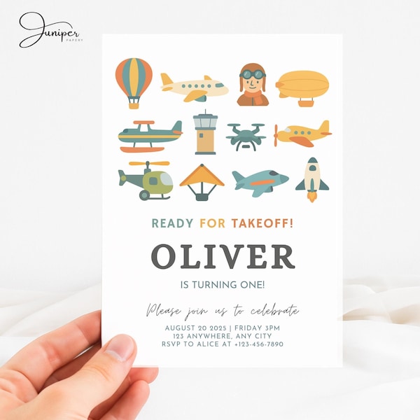 Aviation Invitation, Air Plane Invite, First Flight Birthday Invite, Vehicle Transportation Birthday Invitation, Hot Air Balloon Invitation