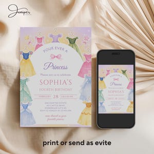 Four Ever A Princess Birthday Invitation, Princess Dress 4th Birthday Invite, Royal Theme Birthday Template, Fairytale Birthday Party