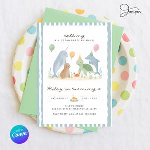 Sea Animals Birthday Invite, Ocean Party Animals Second Birthday Invitation, Under The Sea Birthday Invite, Blue Party Animals Invitation