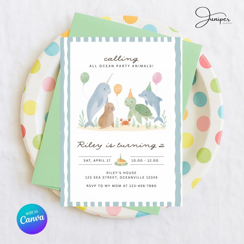 Sea Animals Birthday Invite, Ocean Party Animals Second Birthday Invitation, Under The Sea Birthday Invite, Blue Party Animals Invitation