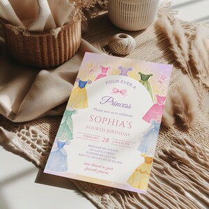 Four Ever A Princess Birthday Invitation, Princess Dress 4th Birthday Invite, Royal Theme Birthday Template, Fairytale Birthday Party
