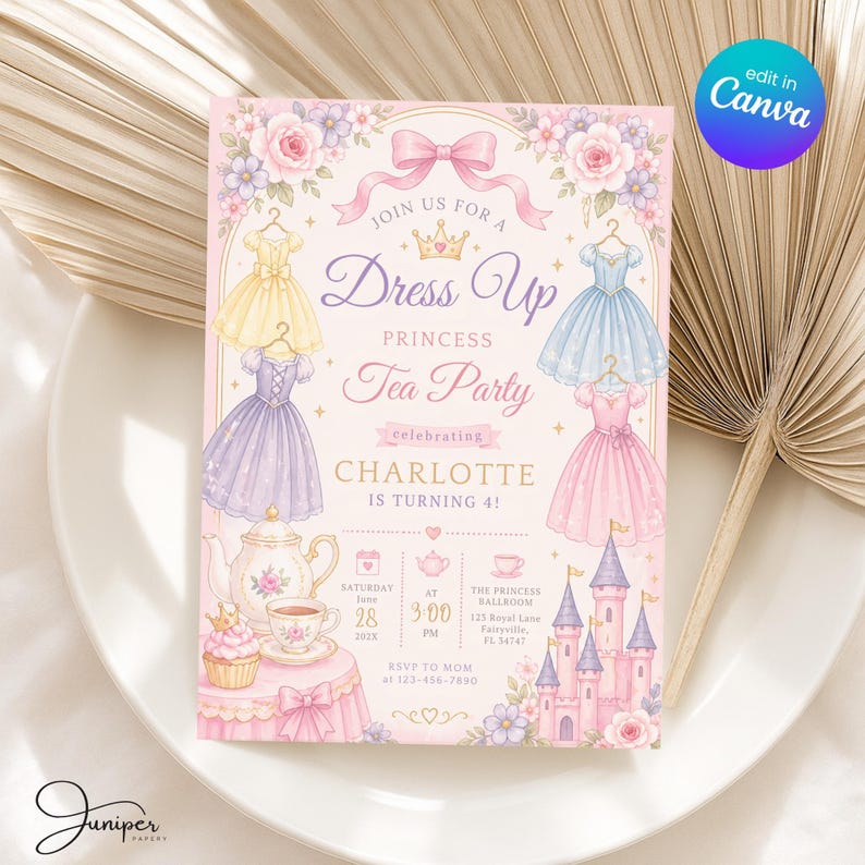 Princess Dress Birthday Invitation, Fairy Tale Princess Tea Party Invite, Royal Dresses Birthday Invite, Dress Up Princess Party Invite