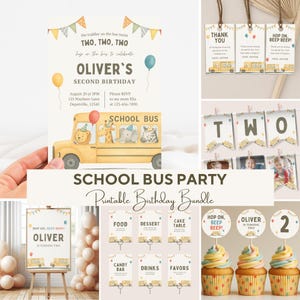 Op de afbeelding: Een verzameling printbare verjaardagsfeestversieringen met een schoolbusthema. Inclusief uitnodigingen, bedanklabels, banners, cupcake toppers en voedseletiketten. De uitnodiging toont een gele schoolbus met dieren en de tekst "Oliver's Second Birthday."