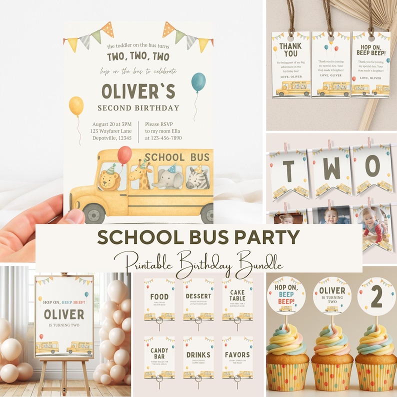 Editable School Bus Birthday Bundle, Safari Animal Bus Birthday Party Templates & Decor, Custom Birthday Signs, Toddler Birthday Decor