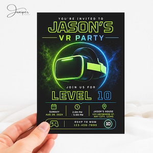 May include: A black rectangular party invitation card featuring a neon green and blue virtual reality headset graphic. The text reads: YOU'RE INVITED TO JASON'S VR PARTY, JOIN US FOR LEVEL 10, with event details including date, time, location, and RSVP information.