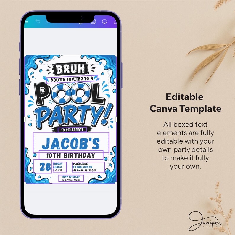 Bruh Pool Party Birthday Invitation, Blue Summer Invite, Boys Swimming Pool Party, 10th Birthday Poolside Invite, Water Splash Invite