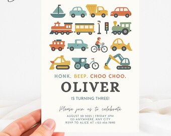 Vehicle Transportation Birthday Invitation, Vehicle Birthday Party Invite, 3rd Birthday Train Invitation, 3 Year Old Boy Birthday Invitation