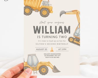 Construction Invitation, Construction Vehicle Birthday Invite, 2nd Birthday Construction Invite, Dump Truck Birthday Invitation