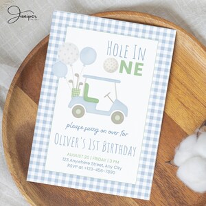 Hole In One Golf First Birthday Invitation | Blue Gingham Hole In One Par-Tee for Kids