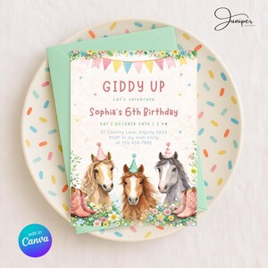 Horse Birthday Invitation, Giddy Up Birthday Party Invite, Girl's Birthday Invite, Pony Birthday Invite, Pink Floral Birthday Invite