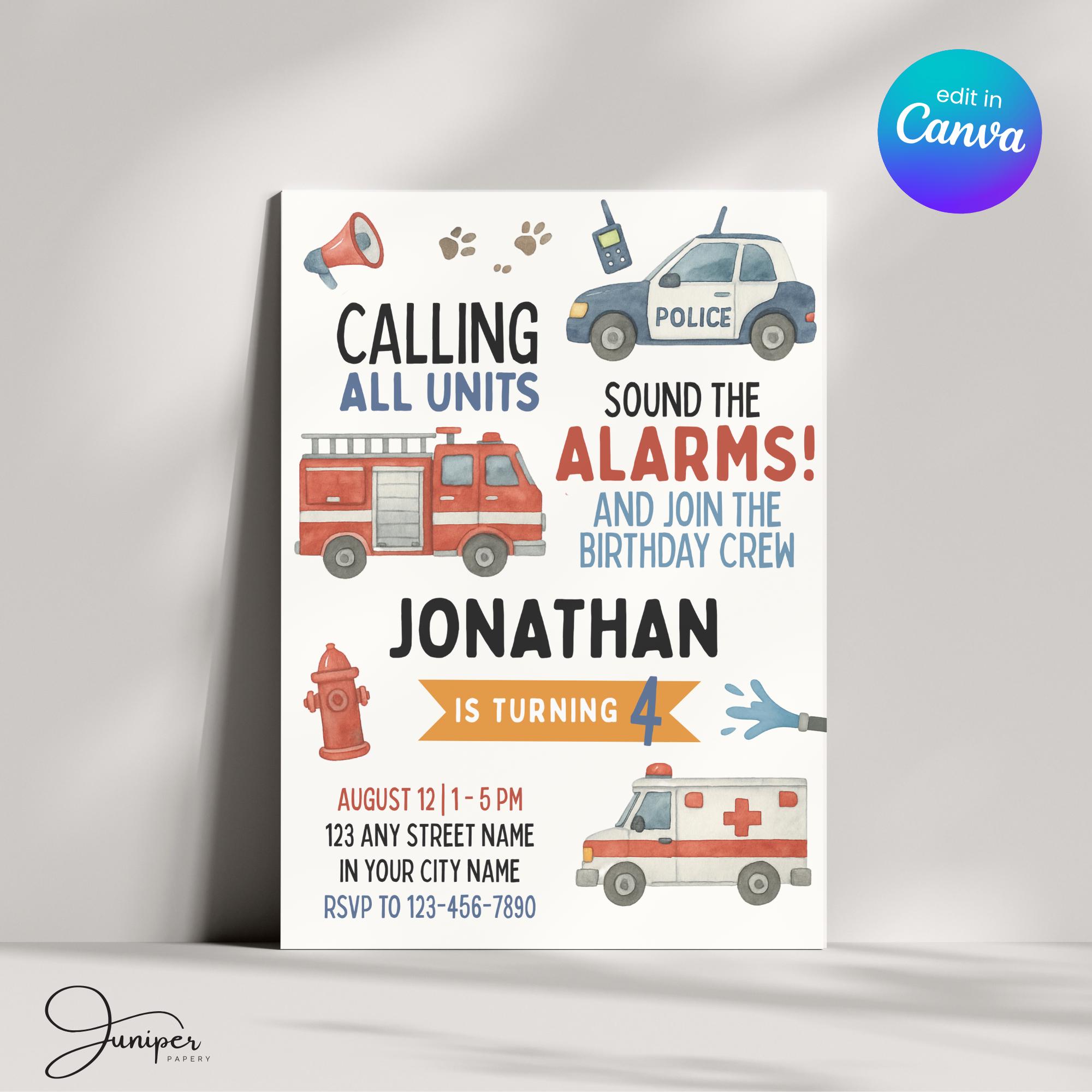 Emergency Vehicles Birthday Invitation, Vehicle Birthday Party Invite ...