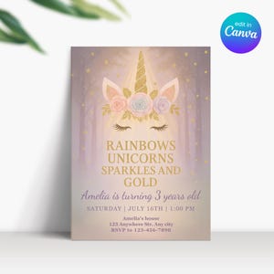 Pastell Einhorn Regenbogen Party einladen, Einhorn 3 Jahre altes Mädchen Geburtstag einladen, Einhorn und Regenbogen 3. Geburtstagseinladung, Einhornparty