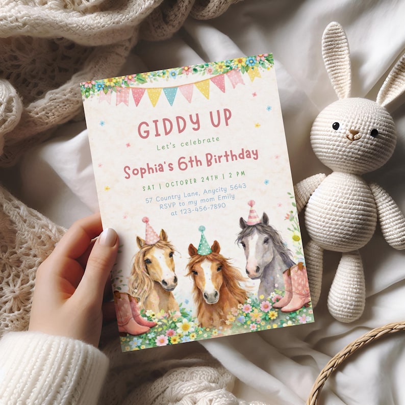 Horse Birthday Invitation, Giddy Up Birthday Party Invite, Girl's Birthday Invite, Pony Birthday Invite, Pink Floral Birthday Invite