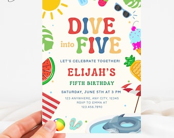 Dive Into Five Pool Party Invite, Pool Party Birthday Invite, 5 Year Old Birthday Invite, Summer Beach Birthday Invite, Swim Party Invite