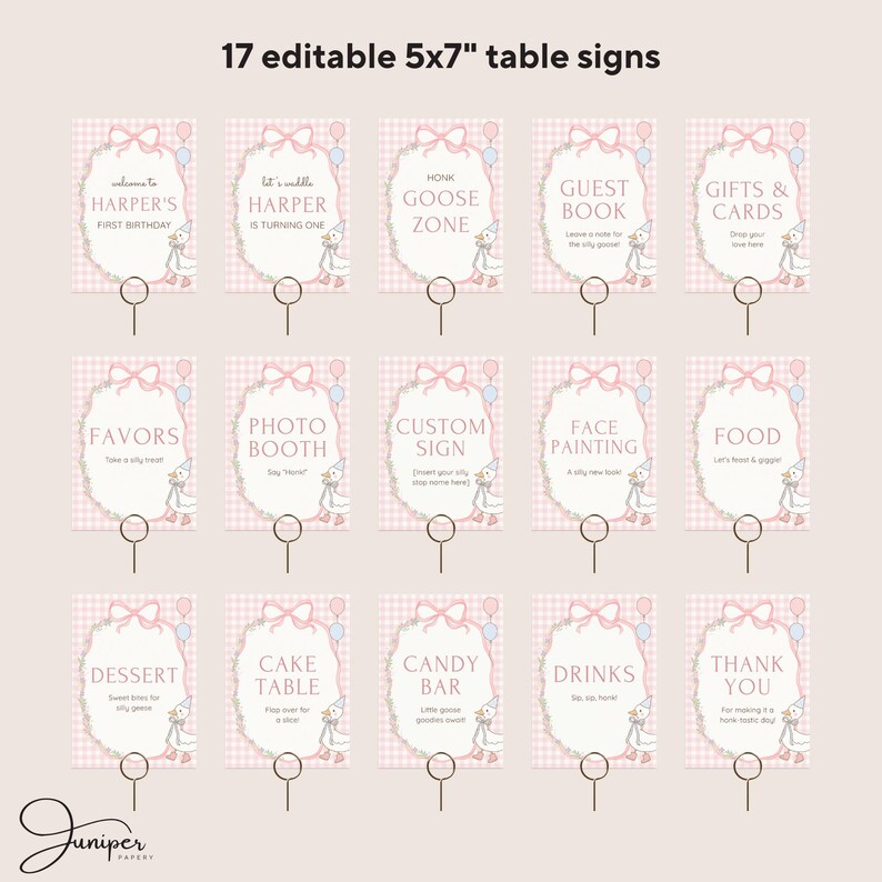 Editable Silly Goose Birthday Bundle, Gingham Party Templates, Pink First Party Decoration, Custom Birthday Signs, Custom Birthday Decor