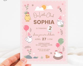 Our Little Chick Birthday Invitation, Pink Chicken Birthday Invitation, One Cute Chick Baby Birthday Invite, Chicken Farm Animal Invite