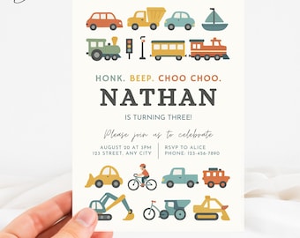 Vehicle Transportation Birthday Invitation, Vehicle Birthday Party Invite, 3rd Birthday Train Invitation, 3 Year Old Boy Birthday Invitation