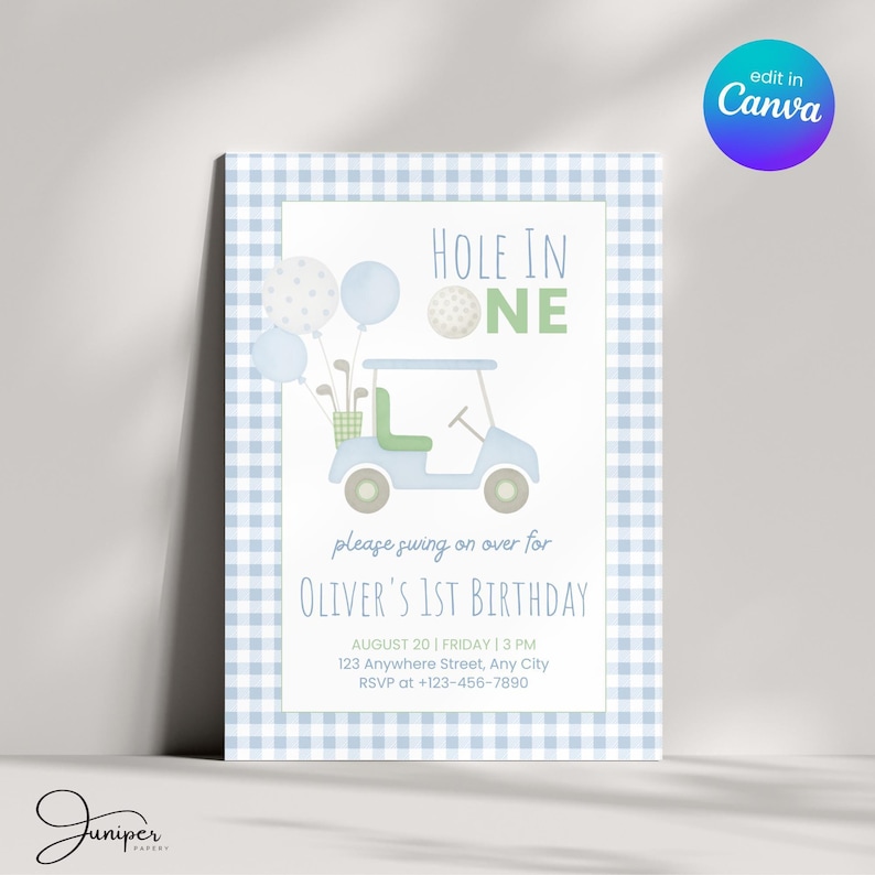 Hole In One Golf First Birthday Invitation | Blue Gingham Hole In One Par-Tee for Kids