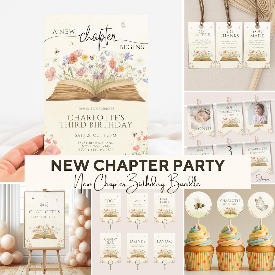 Editable New Chapter Birthday Bundle, Custom Storybook Birthday Signs ...