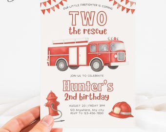 Two The Rescue Birthday Boy Invitation, Firetruck Birthday Invite, 2 Year Old Boy Birthday Invitation, Birthday Boy Invitation 2 Years