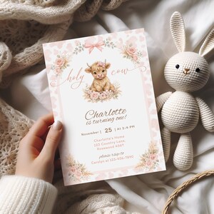 Highland Cow Birthday Invitate, Holy Cow First Birthday Invite, Holy Cow Pink Girl Invite, Scottish Cow Birthday Invite, Farm Animal Invite