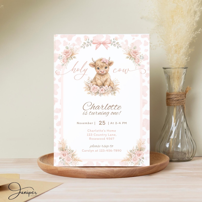 Highland Cow Birthday Invitate, Holy Cow First Birthday Invite, Holy Cow Pink Girl Invite, Scottish Cow Birthday Invite, Farm Animal Invite