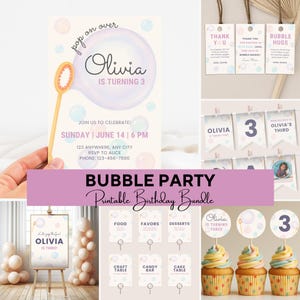 Puede incluir: Una colección de decoraciones imprimibles para fiestas de cumpleaños con temática de burbujas. Incluye invitaciones, etiquetas de agradecimiento, pancartas, adornos para cupcakes y letreros de mesa. La invitación dice "Olivia cumple 3 años".