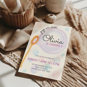 Bubble Birthday Invitation, Second Birthday Invite Bubbles, Pastel 2 Year Old Girl Birthday Invite, Girls Birthday Invitation Bubbles