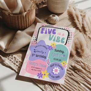 Five Is A Vibe Invitation Girl, Retro Five Year Old Girl Birthday Invite, Groovy Five Is A Vibe Party Invite, High Five Birthday Invite