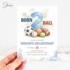 Może przedstawiać: Zaproszenie urodzinowe w stylu akwareli z napisem "BORN 2 BALL". Zawiera piłkę nożną, koszykówkę, baseball, piłkę tenisową i futbol amerykański. Zaproszenie brzmi "2. urodziny Hudsona" i zawiera szczegóły wydarzenia.