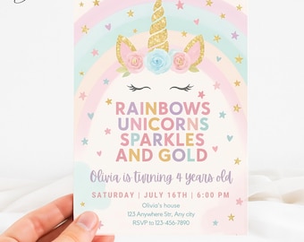 Pastel Unicorn Rainbow Party Invite, Unicorn 4 Year Old Girl Birthday Invite, Unicorn And Rainbow 4th Birthday Invitation, Unicorn Party
