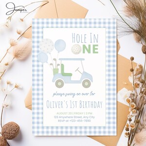 Hole In One Golf First Birthday Invitation | Blue Gingham Hole In One Par-Tee for Kids