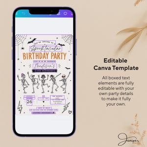 The image is a smartphone screen displaying a Halloween-themed birthday party invitation with a skeleton dance design. The invitation includes details about the party, such as the date, time, location, and theme. The text on the invitation is fully editable, allowing the creator to customize the party details according to their preferences.