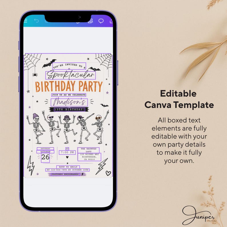 The image is a smartphone screen displaying a Halloween-themed birthday party invitation with a skeleton dance design. The invitation includes details about the party, such as the date, time, location, and theme. The text on the invitation is fully editable, allowing the creator to customize the party details according to their preferences.