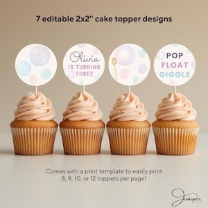 Bearbeitbare Blasen-Cupcake-Topper-Vorlage, Sommer-Party-Dekor, Blasen-Themen-Partydekoration, Benutzerdefinierter Blasen-Geburtstags-Kuchendeckel