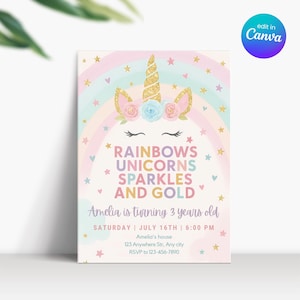 Convite para festa de arco-íris com unicórnio pastel, convite para aniversário de menina de 3 anos com unicórnio, convite para 3º aniversário com unicórnio e arco-íris, festa de unicórnio