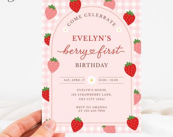 Berry First Birthday Invitation, Strawberries Pink Gingham Invite, Pink Daisy Berry Birthday Invite Girl, Summer Fruit First Birthday Invite