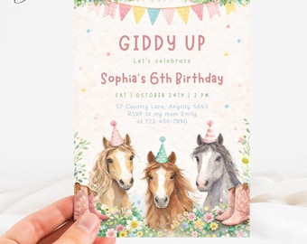 May include: A party invitation with the text "GIDDY UP" and "Sophia's 6th Birthday". The invitation features watercolor illustrations of three horses wearing party hats, surrounded by flowers and pink cowboy boots.