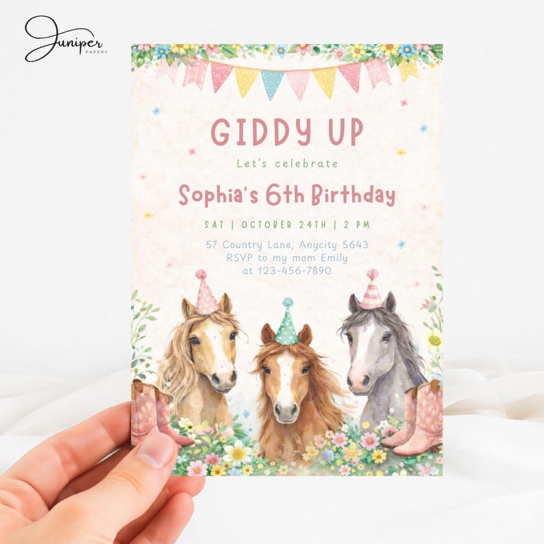 Horse Birthday Invitation, Giddy Up Birthday Party Invite, Girl's Birthday Invite, Pony Birthday Invite, Pink Floral Birthday Invite