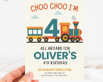 Choo Choo Invite Train Theme, 4th Birthday Train Invitation, 4 Year Old Boy Birthday Invitation, Vehicle Transportation Birthday Invitation