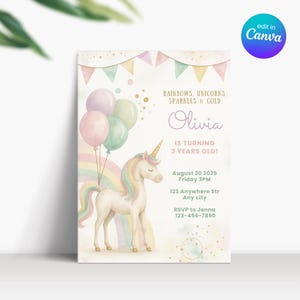 Pastell Einhorn Regenbogen Party einladen, Einhorn 3 Jahre altes Mädchen Geburtstag einladen, Einhorn und Regenbogen 3. Geburtstagseinladung, Einhornparty