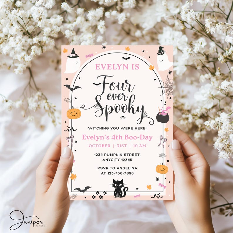 Four Ever Invitation, Spooky Halloween Birthday Invitation, 4th Boo-Day Invite, Pumpkin 4th Birthday Invitation Girl, Pink Halloween Invite