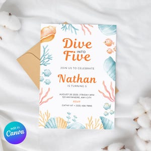 Plonger dans cinq invitations d'anniversaire garçon, invitation 5e anniversaire sous la mer, invitation d'anniversaire garçon de 5 ans, invitation d'anniversaire de garçon 5 ans