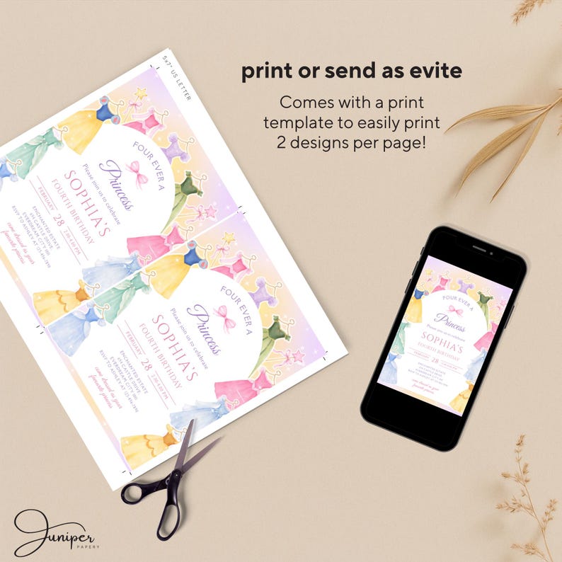 Four Ever A Princess Birthday Invitation, Princess Dress 4th Birthday Invite, Royal Theme Birthday Template, Fairytale Birthday Party