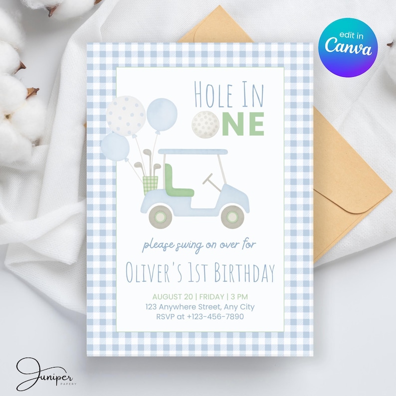 Hole In One Golf First Birthday Invitation | Blue Gingham Hole In One Par-Tee for Kids