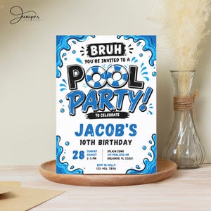 Bruh Pool Party Birthday Invitation, Blue Summer Invite, Boys Swimming Pool Party, 10th Birthday Poolside Invite, Water Splash Invite