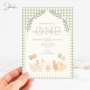 May include: A pastel-colored birthday invitation with a gingham border and floral accents. The invitation reads "Charlotte is One" with the date February 23rd at 10 AM. The design includes illustrations of chickens, balloons, and a cake.