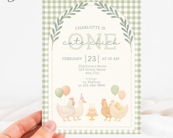 One Cute Chick Birthday Invitation, Green Gingham Chicken Birthday Invitation, One Little Chick Baby Birthday Invite, Farm Animal Invite