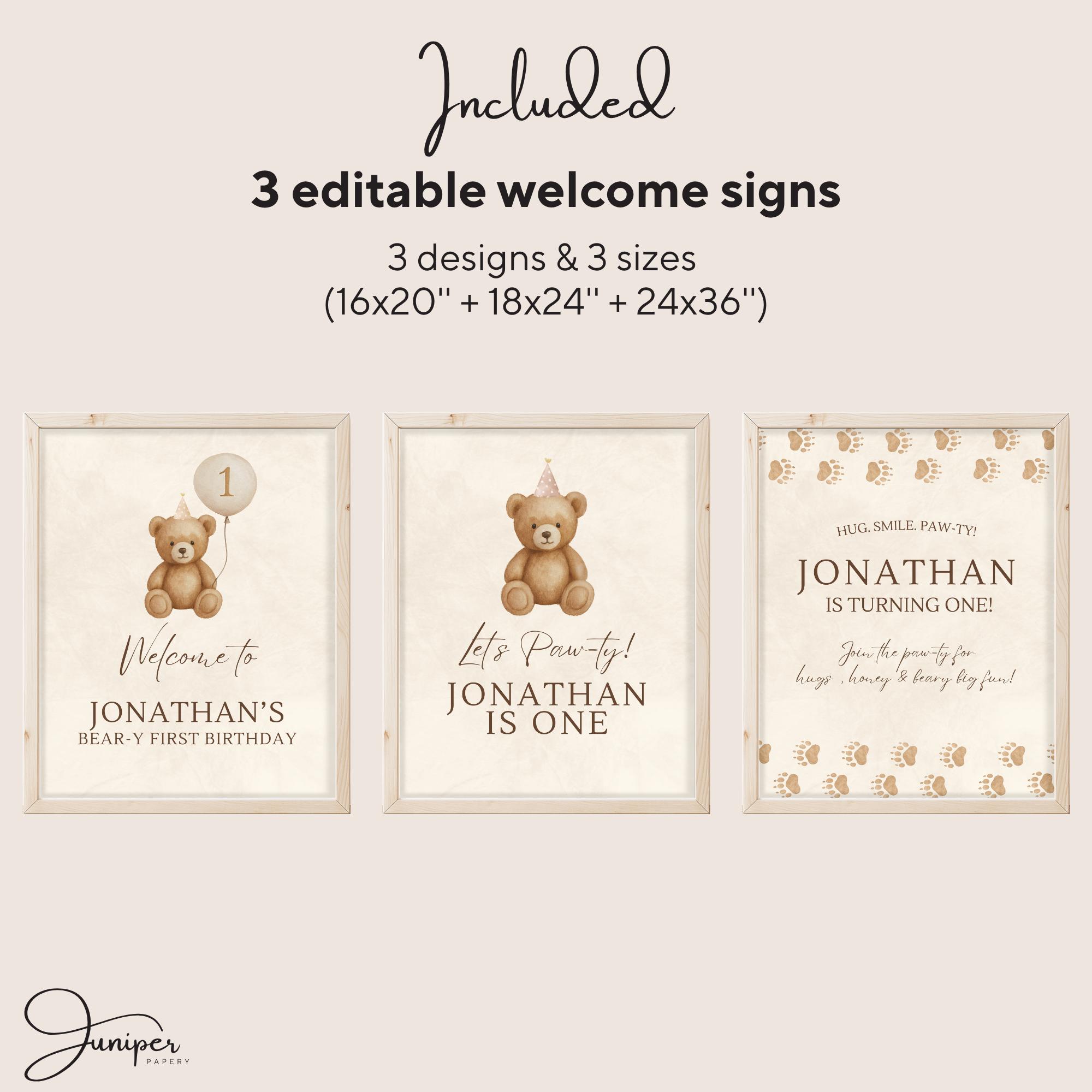 Editable Beary First Birthday Bundle, Teddy Bear Party Templates, Beary ...